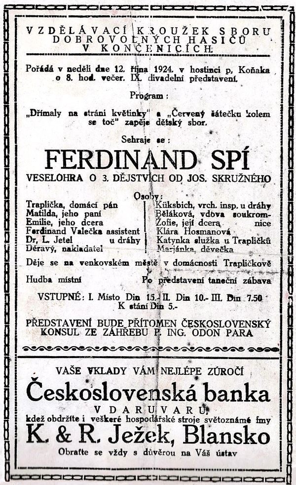 Češke amaterske predstave nisu uvježbavale samo češke besede, iz sačuvanih plakata vidimo da su u okolici Daruvaru češke predstave uvježbavali i vatrogasci, sokolska te nogometna društva. (Arhiv Saveza Čeha)