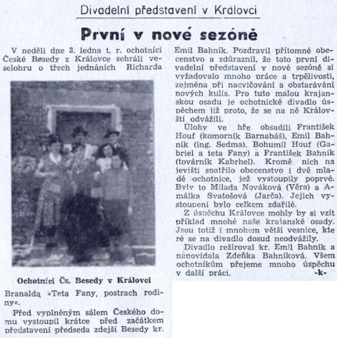 Iz onodobne Jednote znamo da su kazališnu sezonu 1960. godine u siječnju otvorili glumci iz malog sela Královec (hrvatski Kraljevac) kod Daruvara (arhiv Jednote)