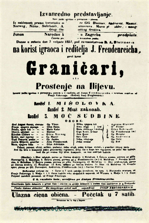 Programska cedulja praizvedbe <em>Graničara</em> Josipa Freudenreicha, 7. veljače 1957. u Narodnom kazalištu u Zagrebu