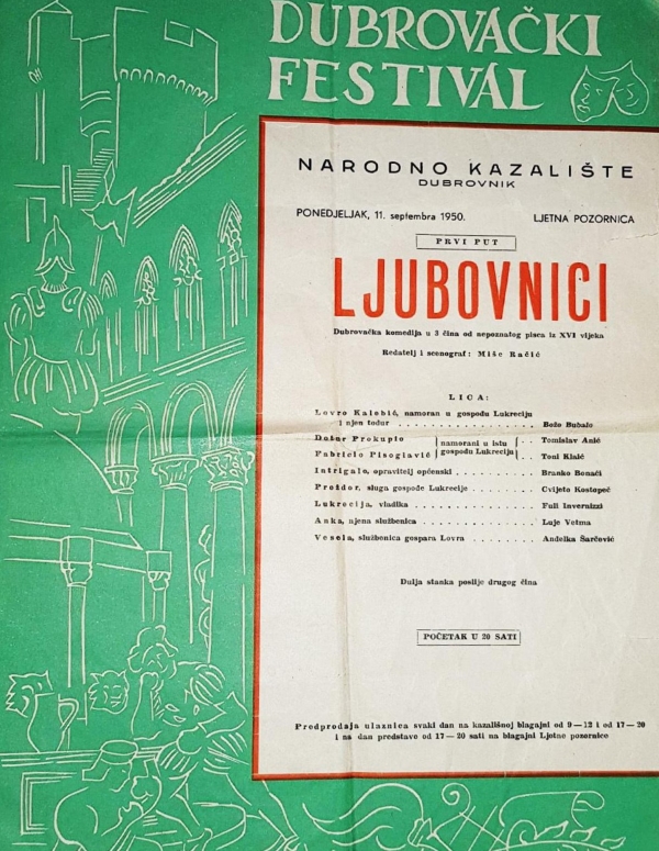 Premijera <em>Ljubovnika</em> na Dubrovačkom festivalu 1950. u režiji Miše Račića