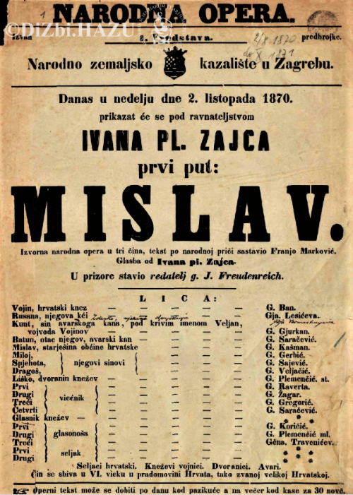 Programska cedulja s praizvedbe opere <em>Mislav</em> Ivana pl. Zajca, 2. listopada 1870.