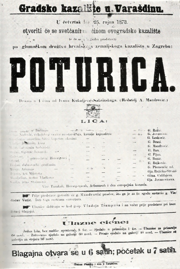 Programska cedulja predstave <em>Poturica</em> Ivana Kukuljevića-Sakcinskog, izvedena prigodom svećanog otvaranja nove zgrade Gradskog kazališta u Varaždinu 25. rujna 1873.